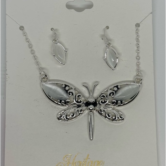 Mixit Silver Tone and Faux Mother of Pearl Dragonfly Pendant Necklace and Earrin - Picture 7 of 10